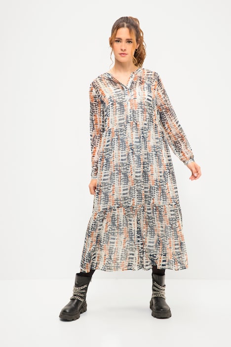 Maxikleid, A-Line, Batik Print, Rundhals, Knopfleiste, Volants, Langarm
