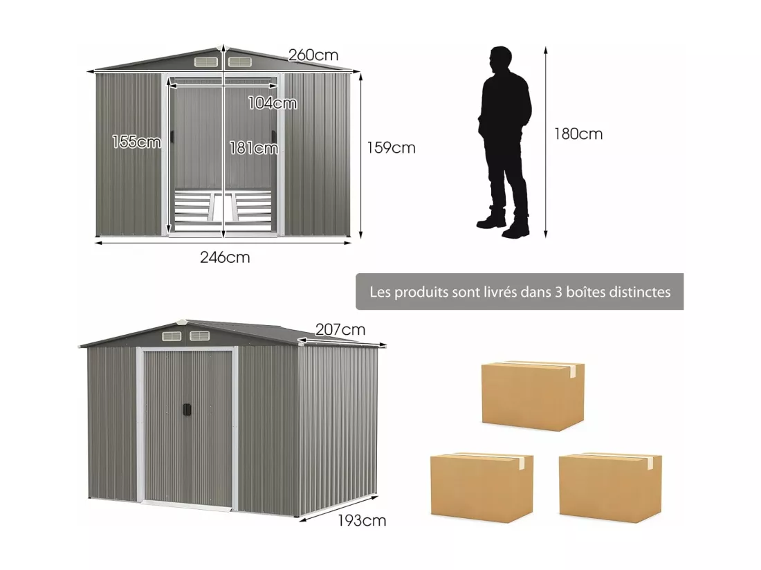 Abri de Jardin 4.7㎡en Acier Galvanisé Anti-UV, 260 x 207 x 181 CM, Cabane de Jardin Exterieur 9.7 m³ avec Fondation et Porte Coulissante, Rampe, 4 Trous d’Aération, 4 Gants Inclus, Gris