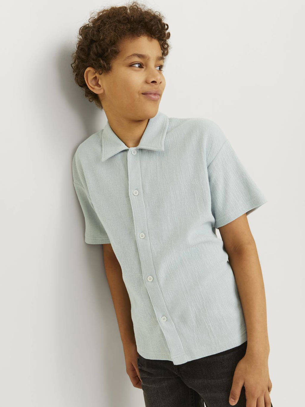 JACK & JONES overhemd JORJASPER BUTTON THROUGH SHIRT SS JNR grijsgroen