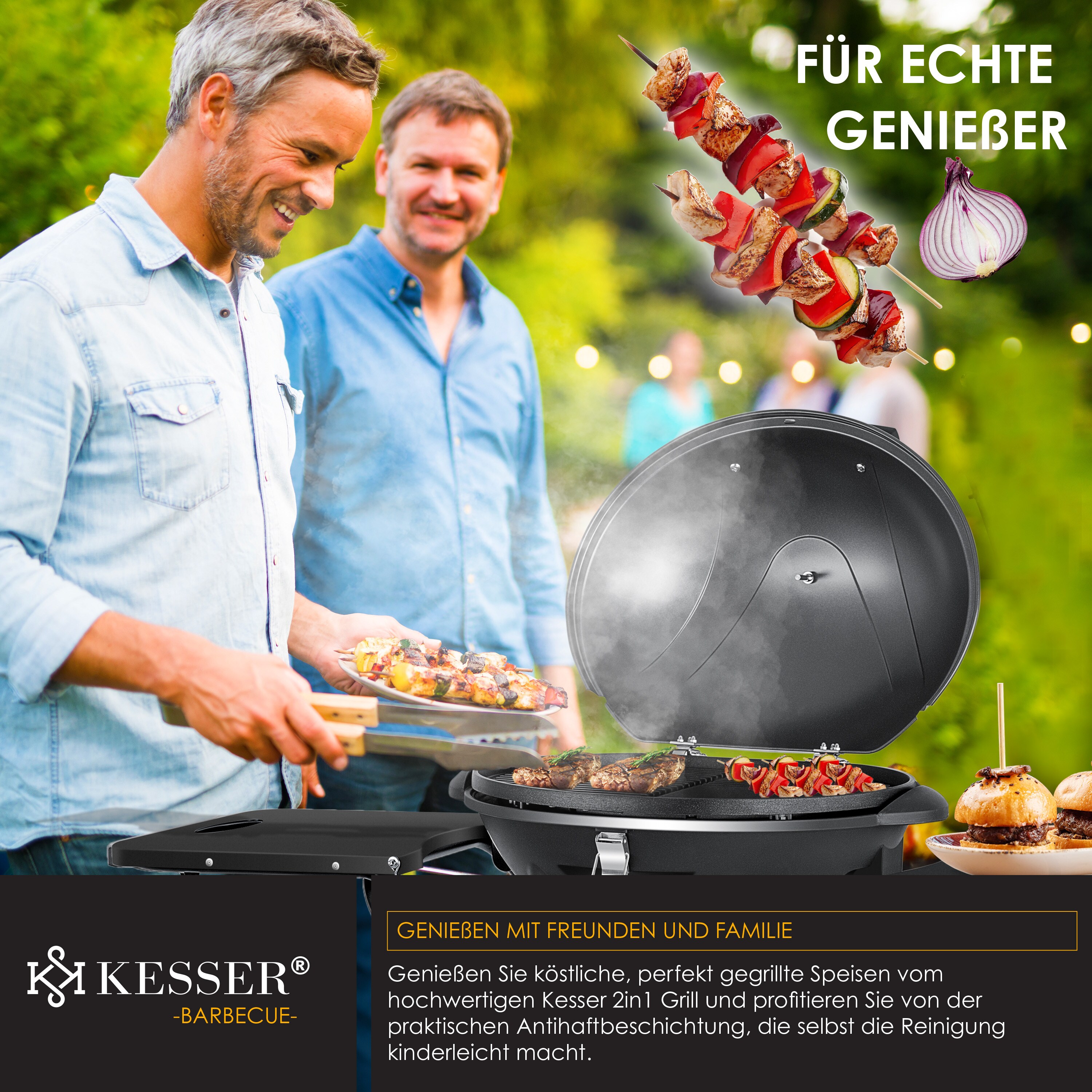 KESSER® elektrischer Elektrogrill 2in1 Tischgrill - Standgrill mit Deckel und Standfuß | max. 2400 Watt | Faltbar | Thermometer | Antihaftbeschichtung | Grillplatte Abstelltische | 2 Räder |