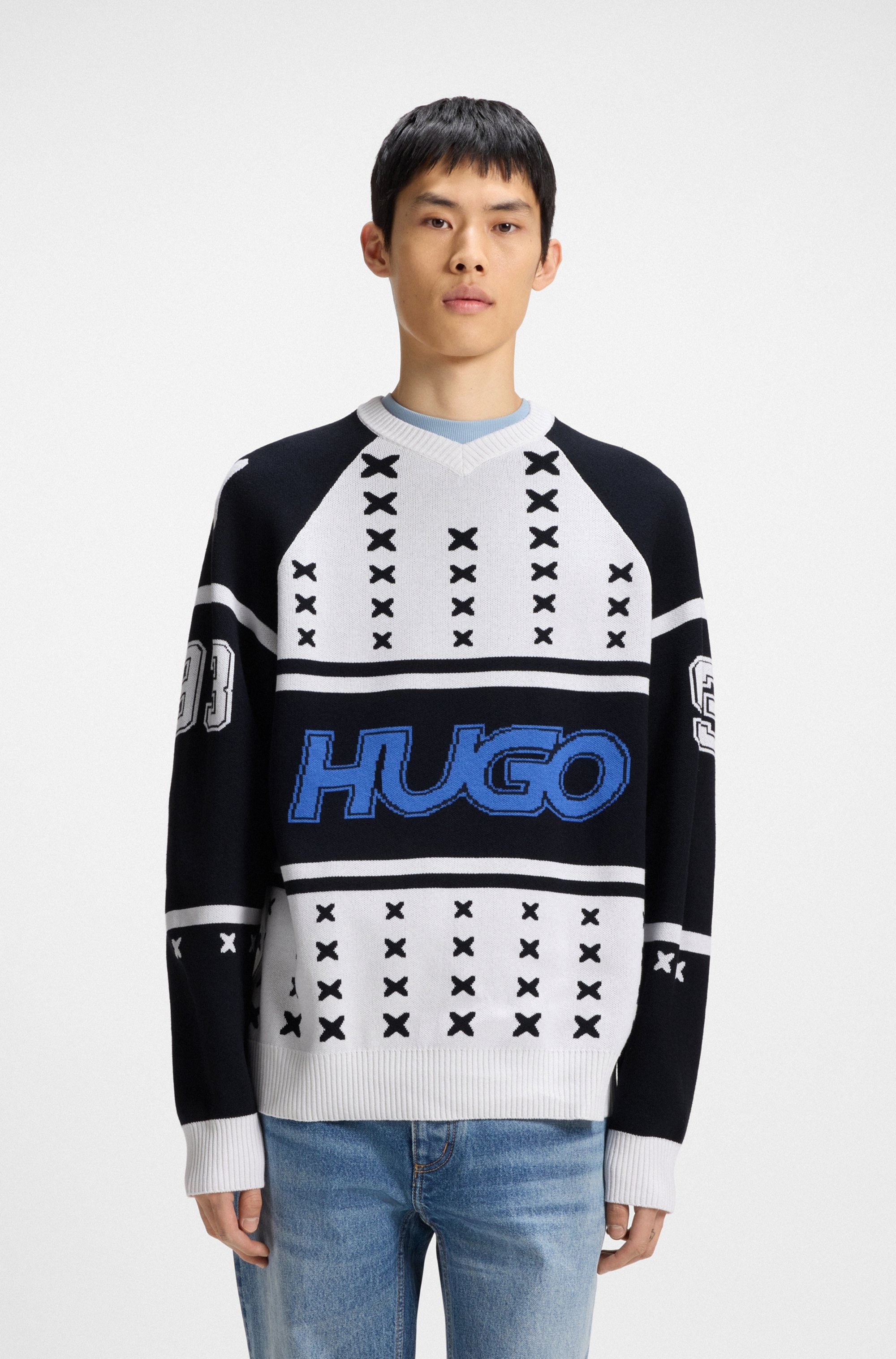 HUGO Blue V-Ausschnitt-Pullover »Shalock«, mit aufwendiger Intarsie