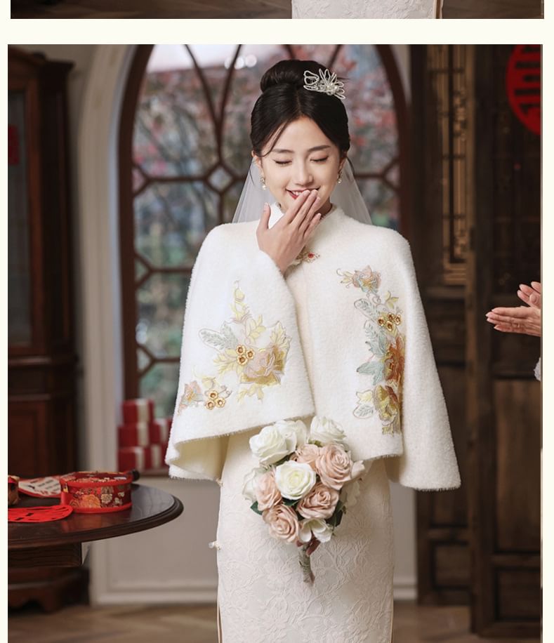 Catamin - Traditionele Chinese lange mouwen effen kant split midi mantel qipao / bloemen geborduurde cape