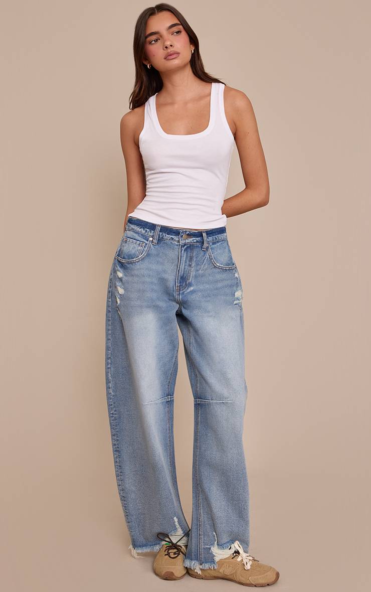 Mid Blue Wash Jean Barrel Bleu Moyen Effet Usé
