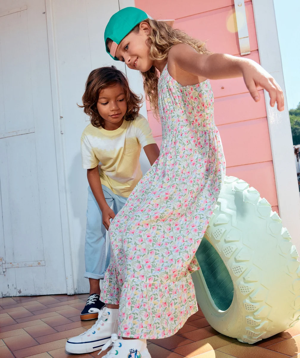 robe longue à bretelles fille en coton imprimé fleuri rose vert et bleu