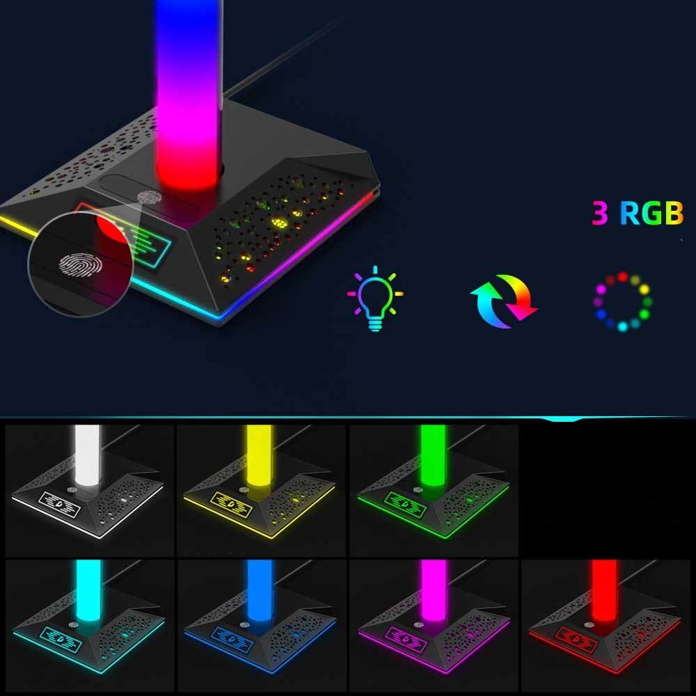 Gaming Kopfhörer Halterung Ständer für Over-Ear Headset mit USB C / 2x USB A Anschluss   RGB Beleuchtung - Schwarz