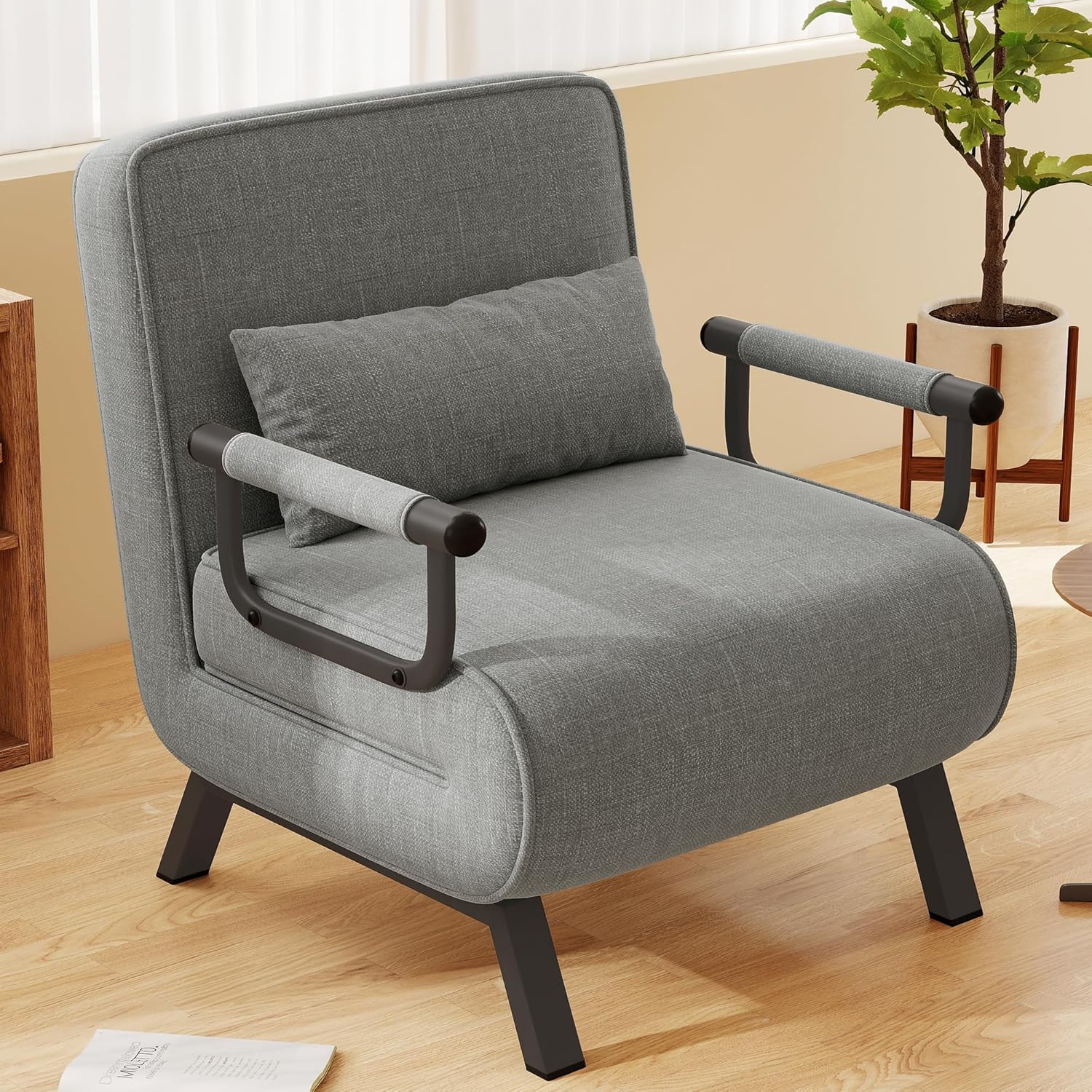 HHawthyhome 4 in 1 Schlafsessel, Schlafsofa mit Bettfunktion, Platzsparendes Gästebett, Relaxsessel mit Verstellbare Rückenlehne, 150 kg Tragkraft, Metallrahmen & Leinen Dunkelgrau