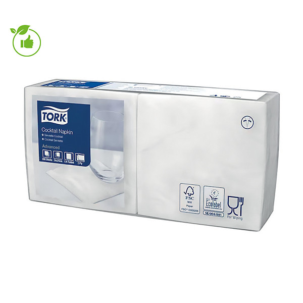 Serviettes cocktail en papier Tork, coloris blanc, le colis de 200