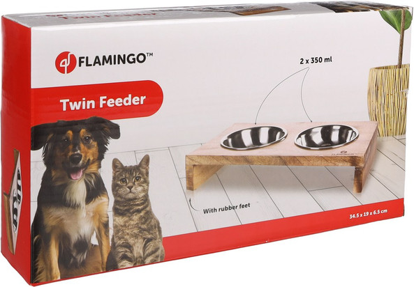 Flamingo f-521379 - Support Double Gamelle Bois et Inox pour Animaux