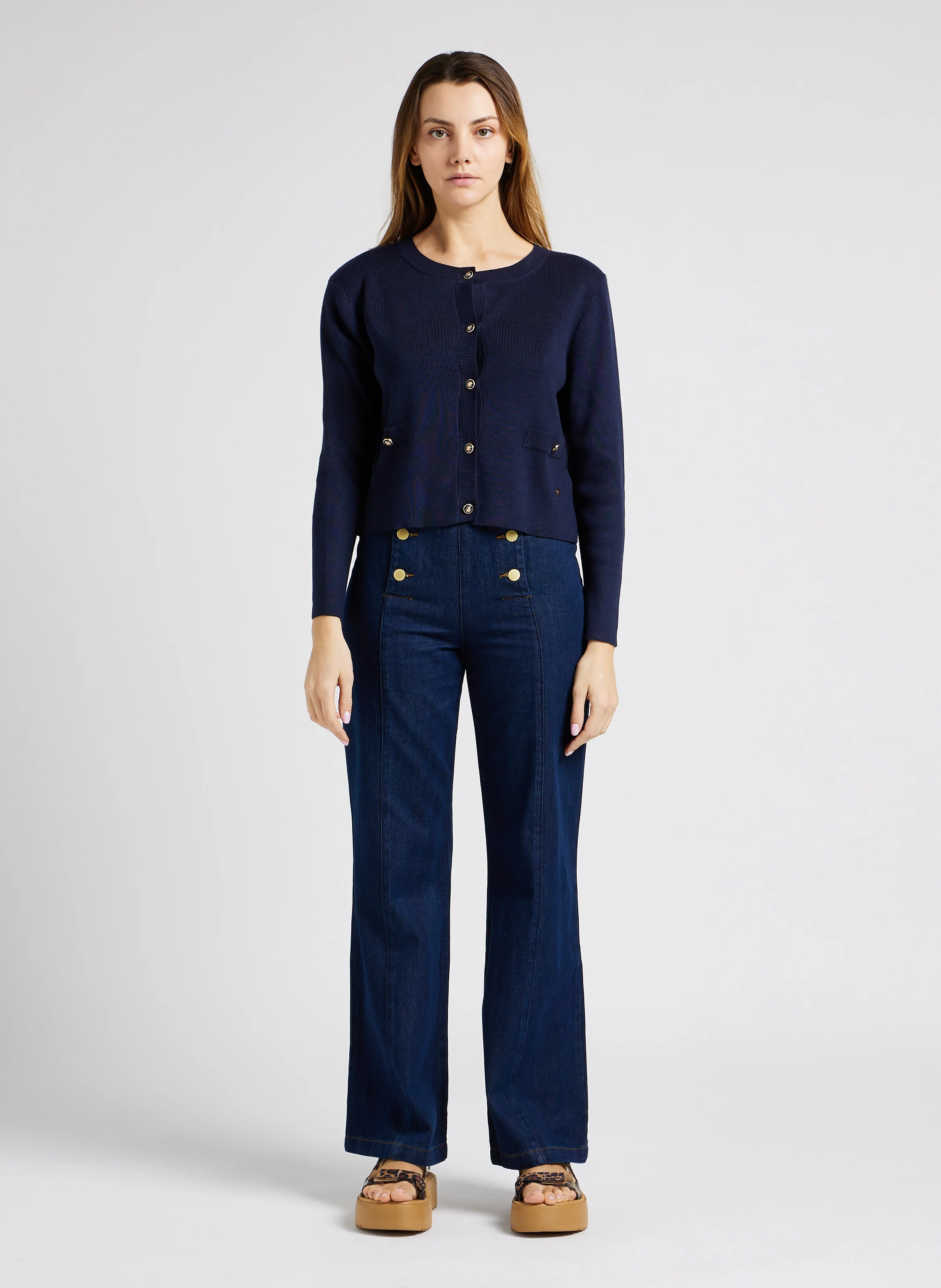 PAULA - Pantalon flare en coton mélangé| Bleu