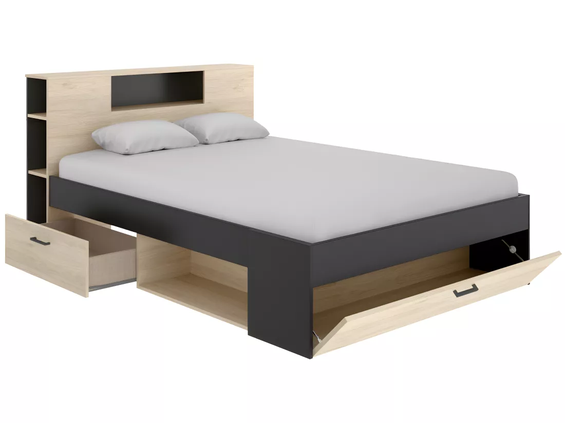 Lit avec tête de lit rangements et tiroirs - 160 x 200 cm - Coloris : Naturel et anthracite + Sommier + Matelas - LEANDRE