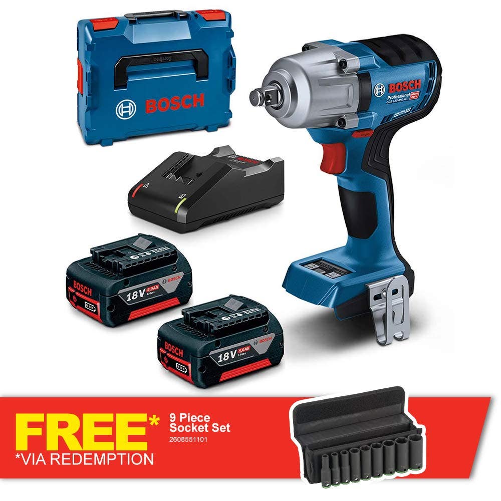 Kit de chave de impacto BOSCH 18V sem escova, 2 x 5,0Ah, 1/2 polegada, GDS 18V-450 HC 06019K4041