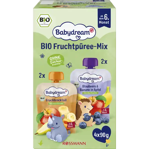 BIO Fruchtpüree-Mix Fruchtcocktail + Blaubeere & Banane in Apfel