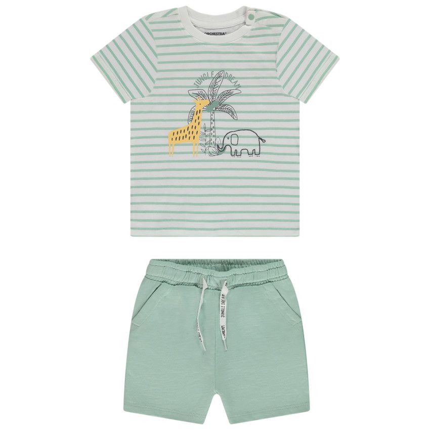 Ensemble t-shirt fantaisie à rayures + short uni pour bébé garçon - Vert