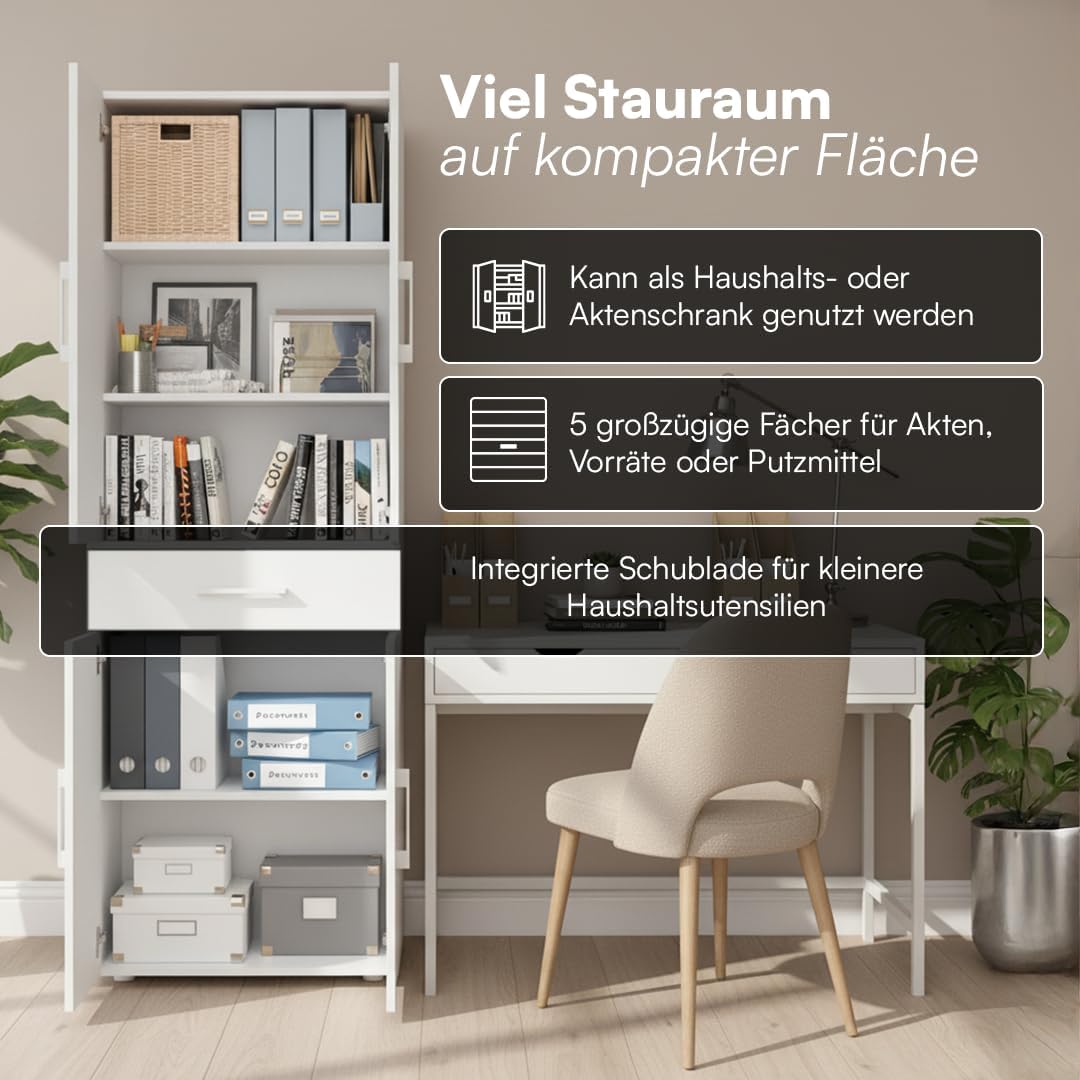 Bellamio Apol Mehrzweckschrank Weiß – Aktenschrank 60 cm breit – Hochschrank aus Holz – Aufbewahrungsschrank mit 5 Fächern & 1 Schublade – Büroschrank, Flurschrank, Allzweckschrank, Schuhschrank