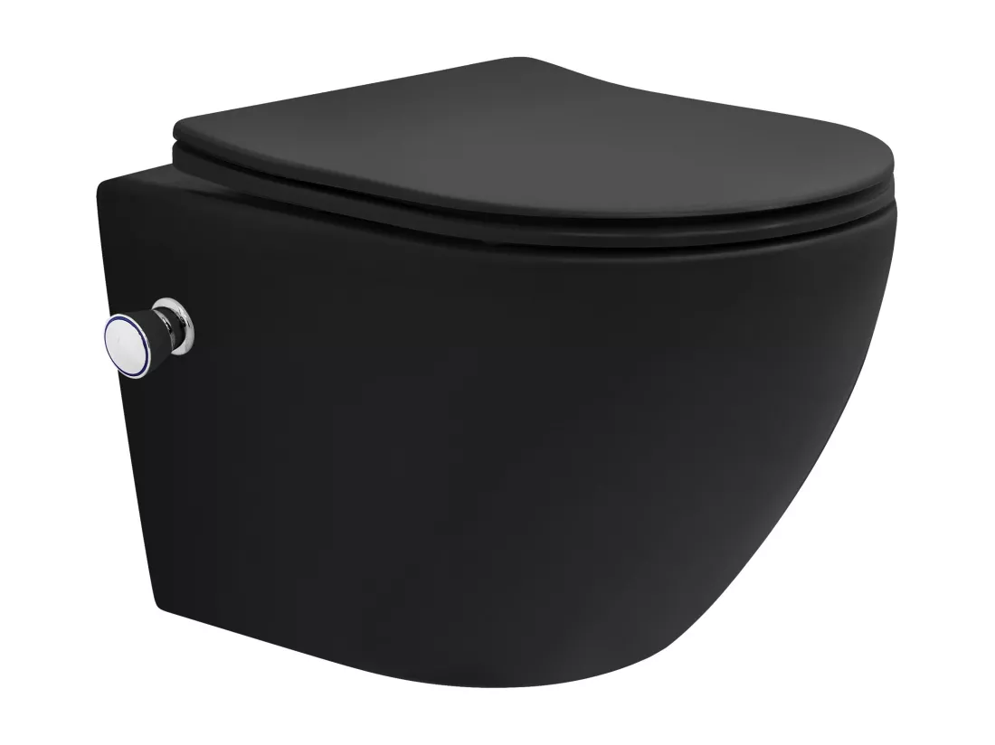 WC suspendu chasse d'eau tornado fonction bidet noir mat avec siège Softclose