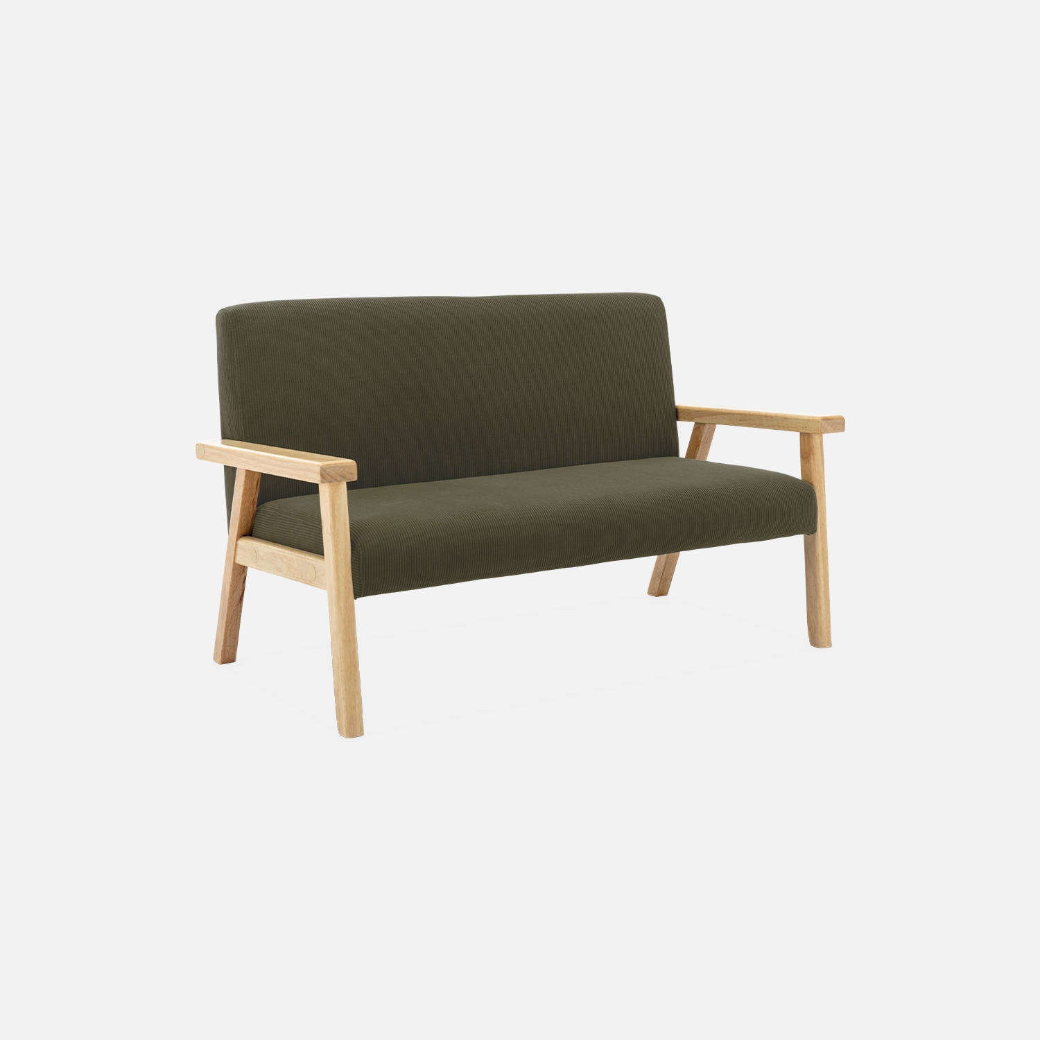 Banquette canapé enfant en bois et velours côtelé kaki. Isak. L 84 x p 43.5 x h 50cm