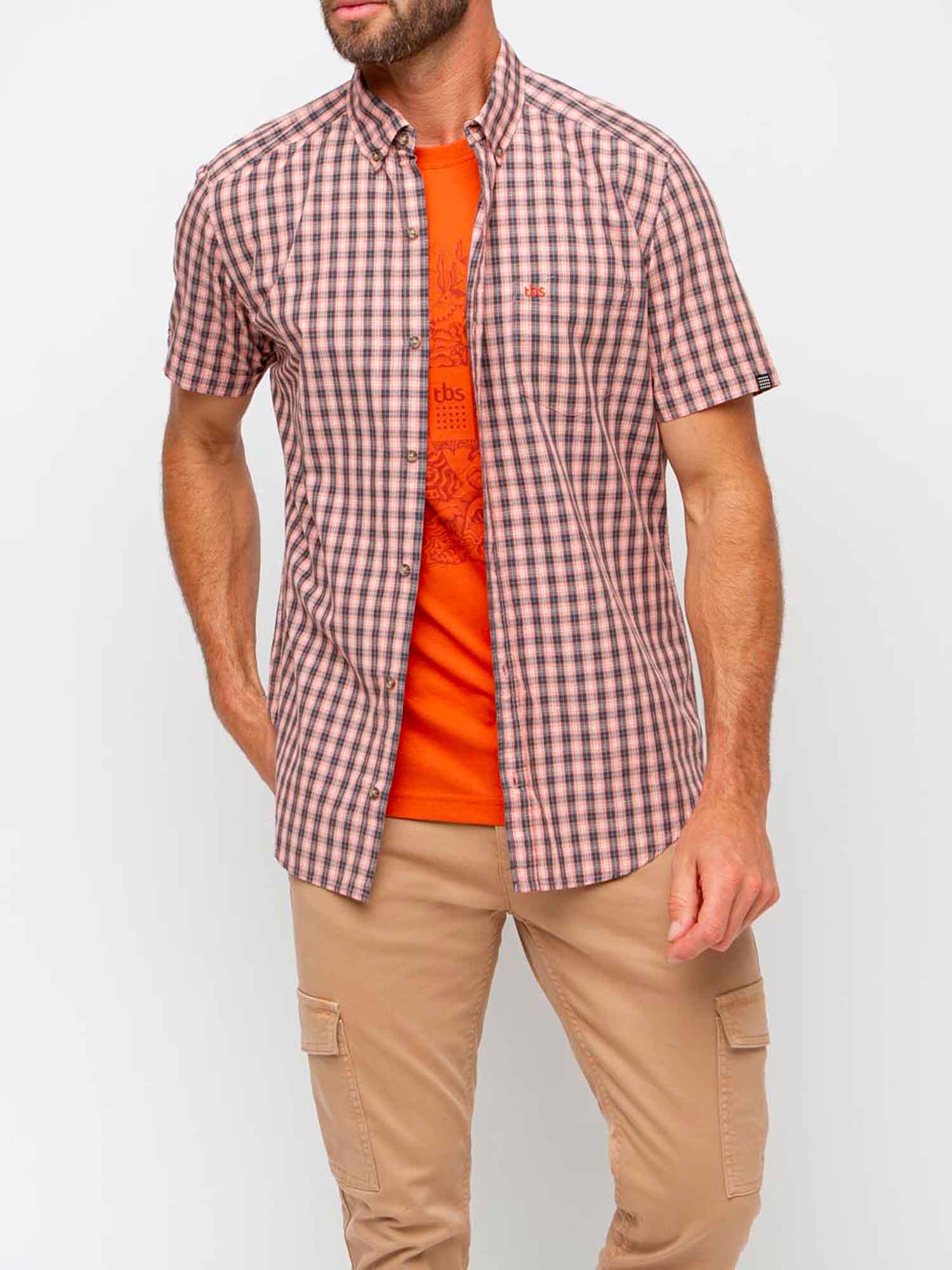 Chemise Homme Manches Courtes Petits Carreaux Orange