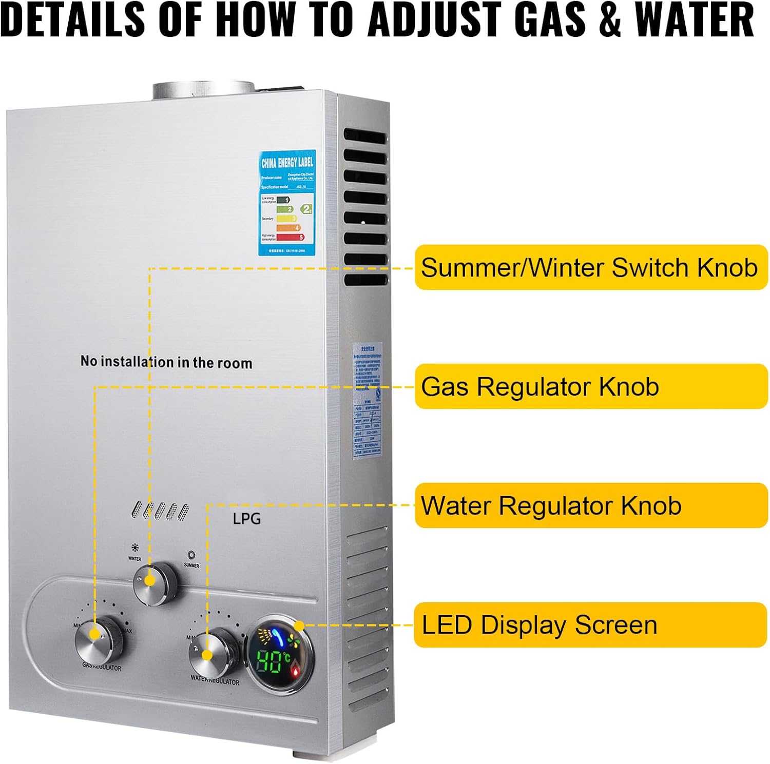 LPG Flüssiggas-Durchlauferhitzer, 18 L, 36 kW, LPG, tankloser Warmwasserbereiter mit verzinktem Duschkopf und Duschschlauch, für Bad/Küche/Wohnmobil (Silber, 18 L)