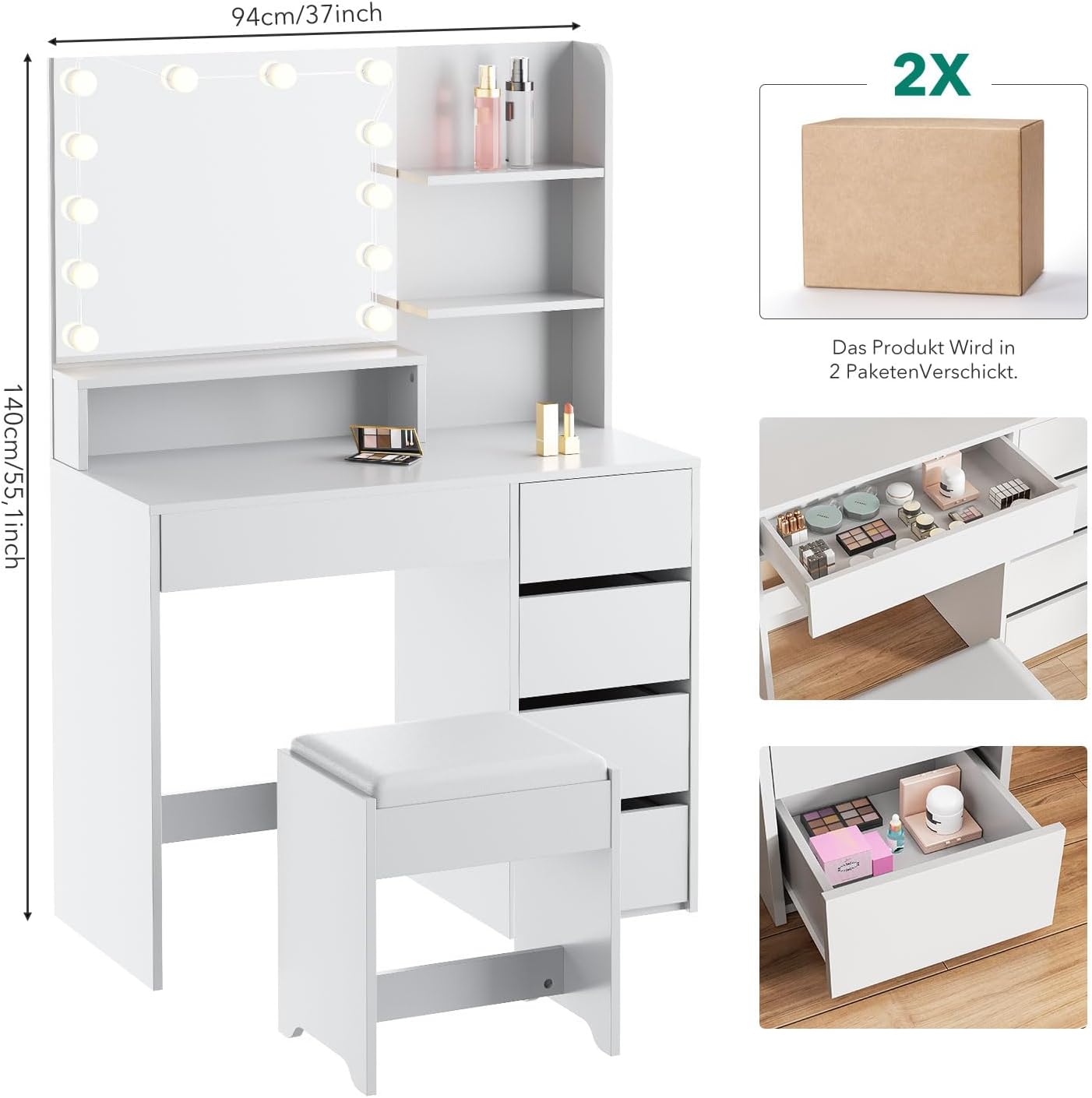 Schminktisch mit 12 LED-Beleuchtung, Hocker, Frisiertisch mit Große Spiegel, Schminktische mit Mehreren Schubladen, Schminktisch-Set mit Lichtern und Hocker 5 verdeckte Regalböden Weiß