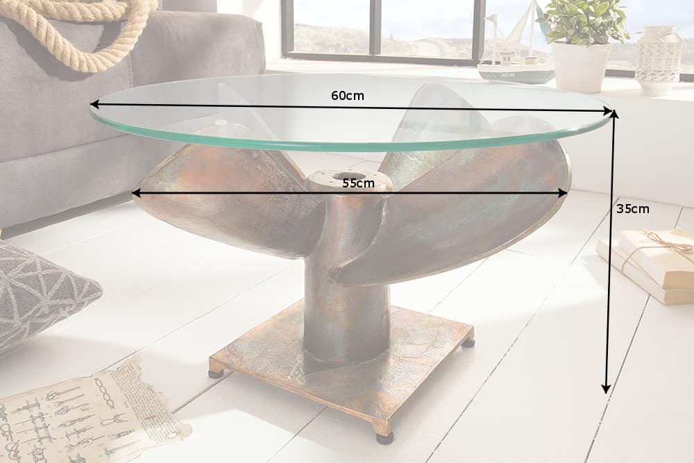 Maritimer Couchtisch OCEAN M 60cm kupfer geflammt rund Schiffsschraube Glasplatte