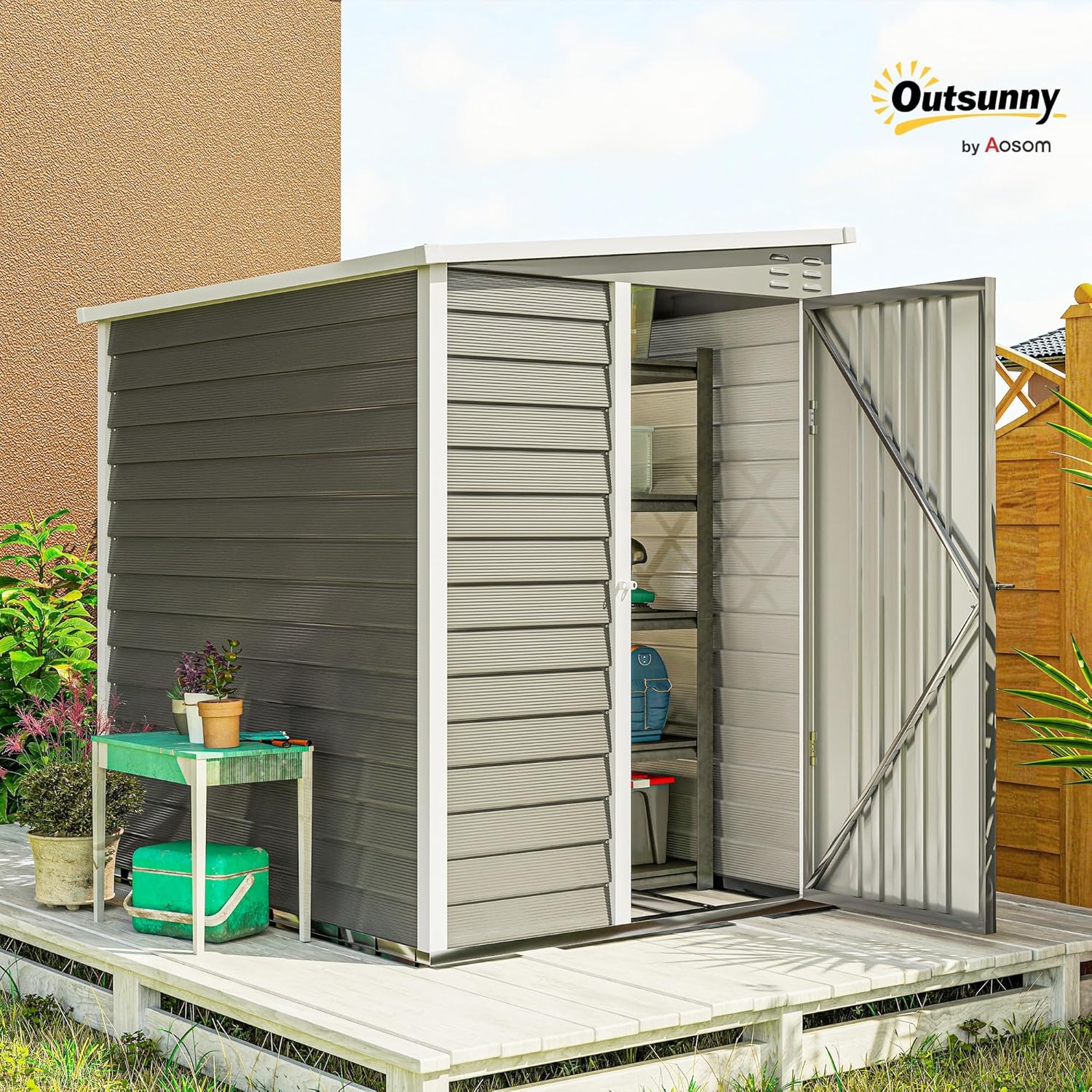 Outsunny Metall Gerätehaus 142x184x181cm 2,3m² Gartenhaus mit Pultdach Handschuhe Fundament wetterfest Outdoor Garten Schuppen mit Schloss Fenster Geräteschuppen für Hinterhof Garten Hellgrau