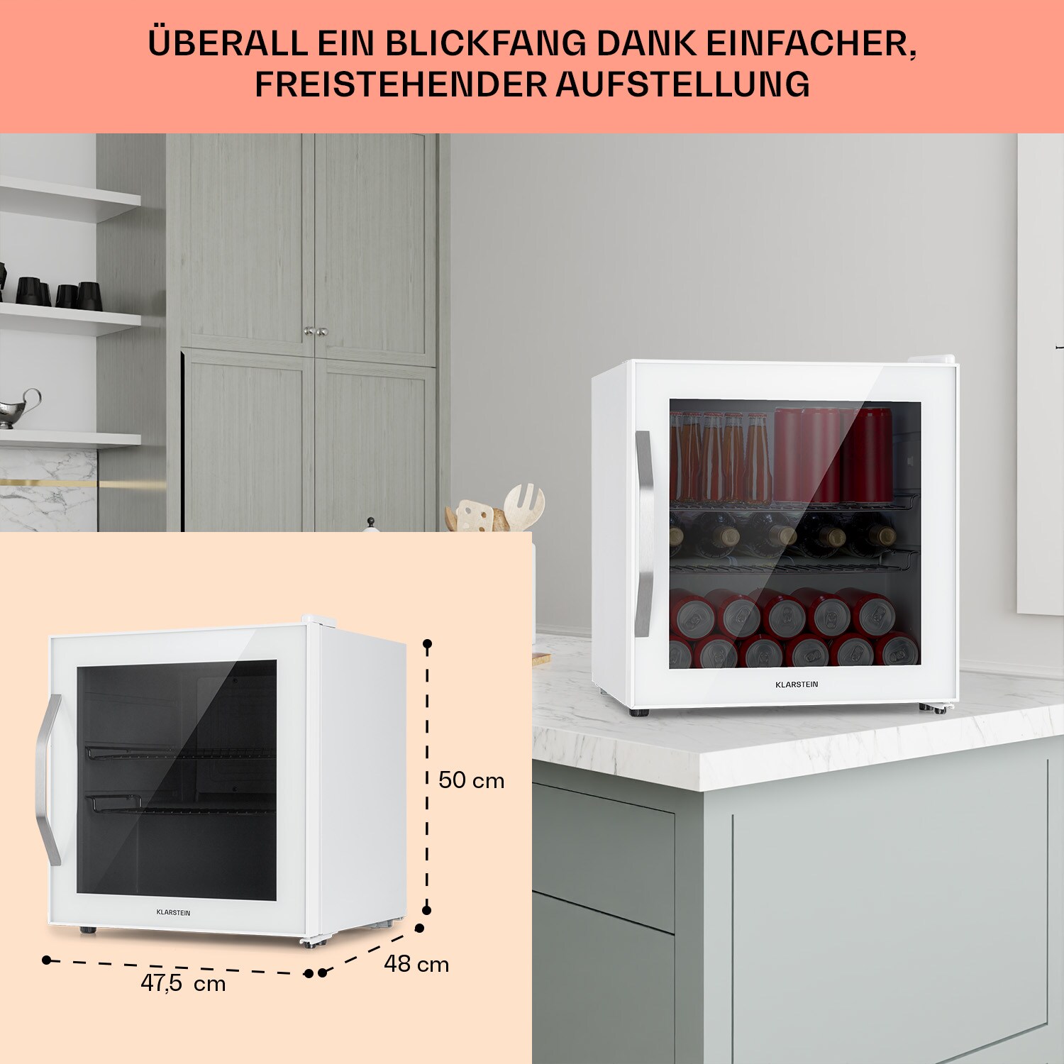 Beersafe L Quartz Kühlschrank 47 Liter 2 Böden Panoramaglastür weiß