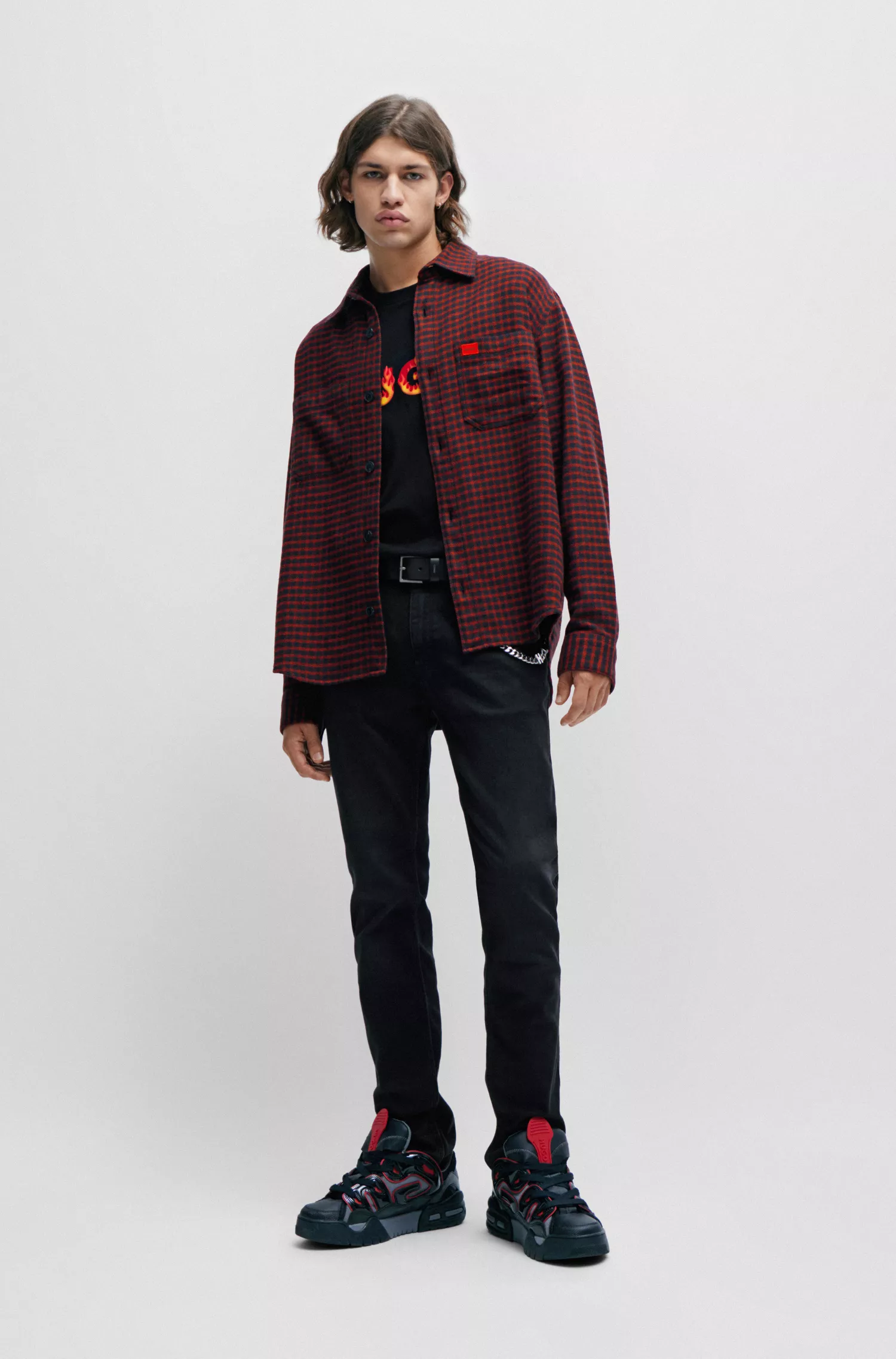 Camisa HUGO vermelha de modelagem oversized em flanela de algodão xadrez.