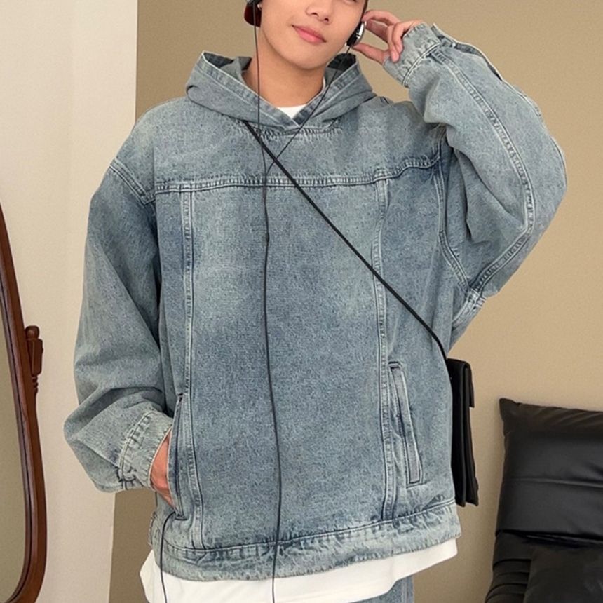 DragonRoad - Gewassen denim hoodie met lange mouwen