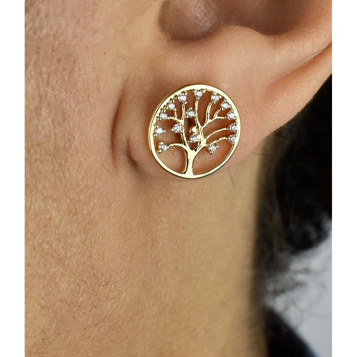 Boucles d'oreilles arbre de vie oxydes de zirconium Plaqué OR 750 3 microns