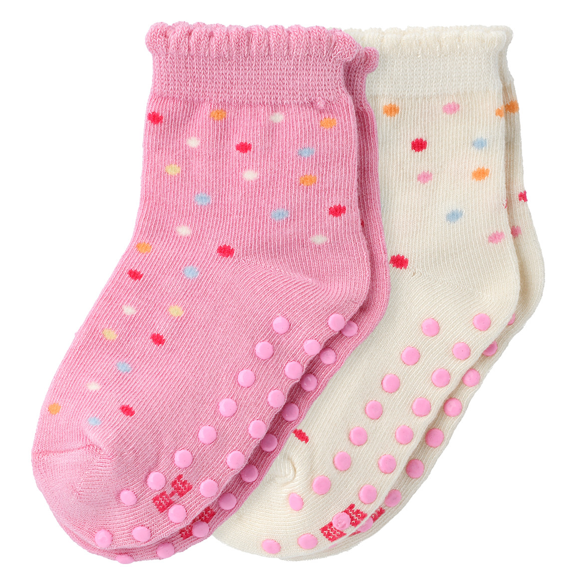 2 Baby Stoppersocken mit bunten Punkten rosa / creme