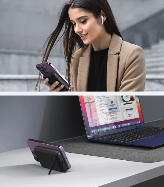 (20W) MagFusion 6700mAh Qi2 Wireless Powerbank Pad USB C Ladegerät mit LED Anzeige   Kickstand (PB-MS05 GR) - Grau