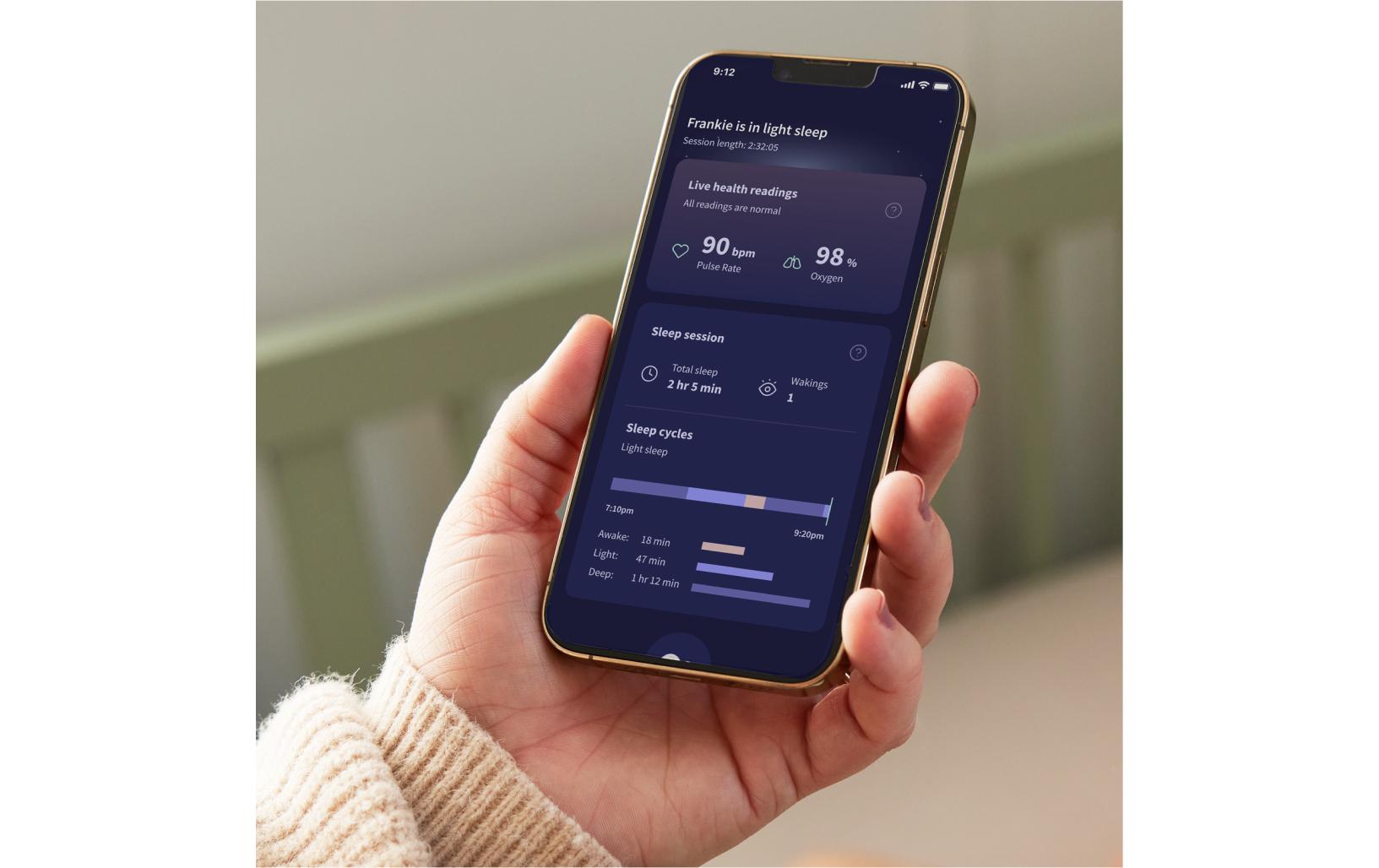 Babyphone Dream Sock Mintgrün<br>Medizinisch geprüftes Babyphone mit Echtzeitmessungen und Gesundheitsmeldungen