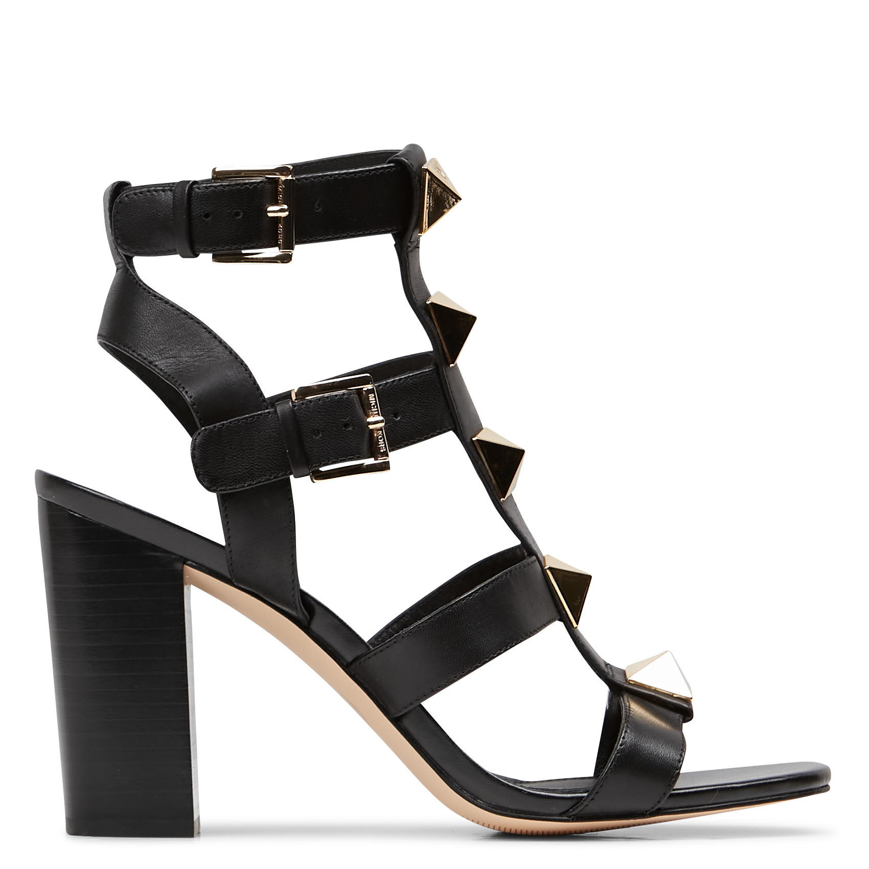 Sandales cloutées à talon en cuir| Noir