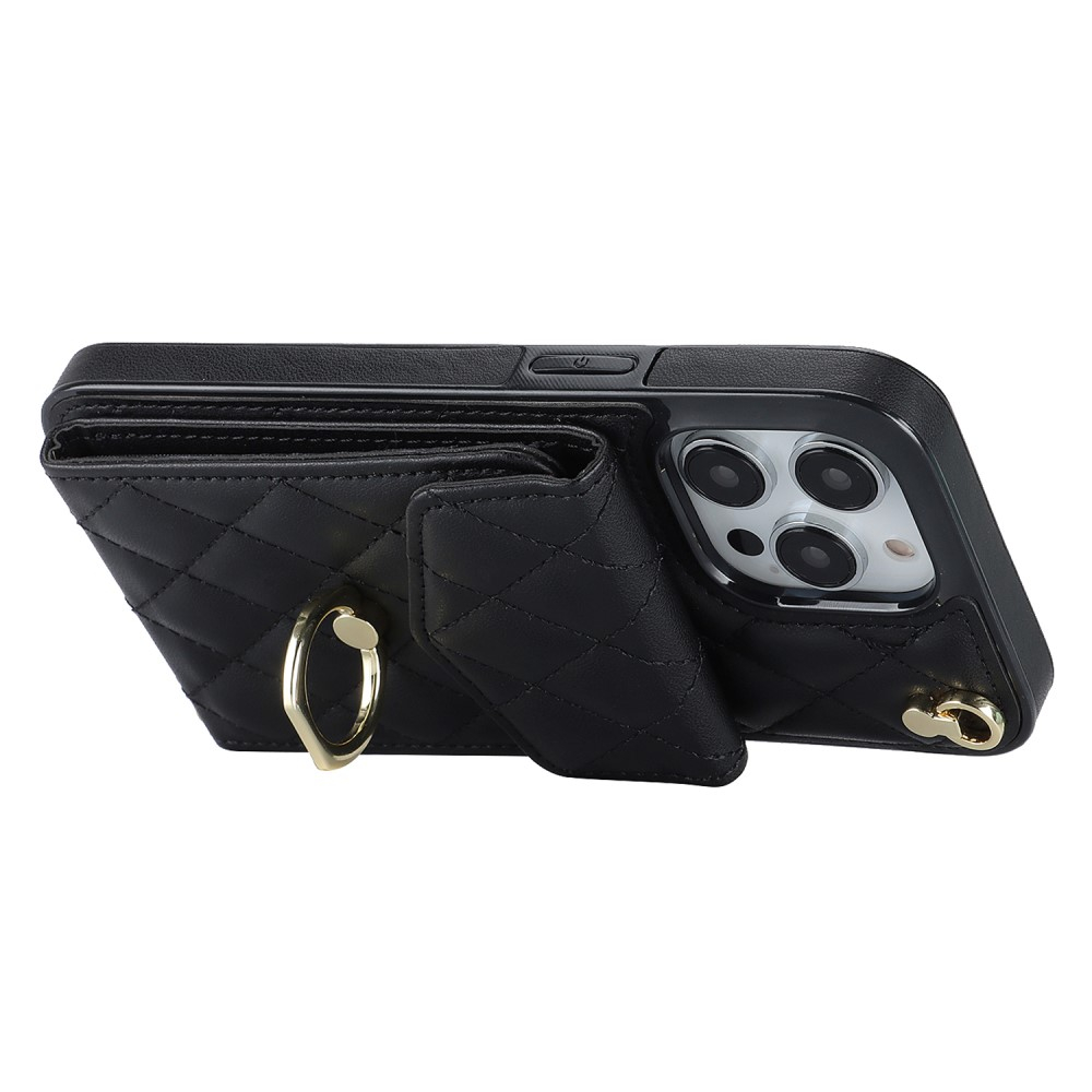iPhone 15 Pro Necklace Leder Hülle mit Kartenfächer   Finger Griff Halterung   Handykette (RFID Schutz) - Schwarz