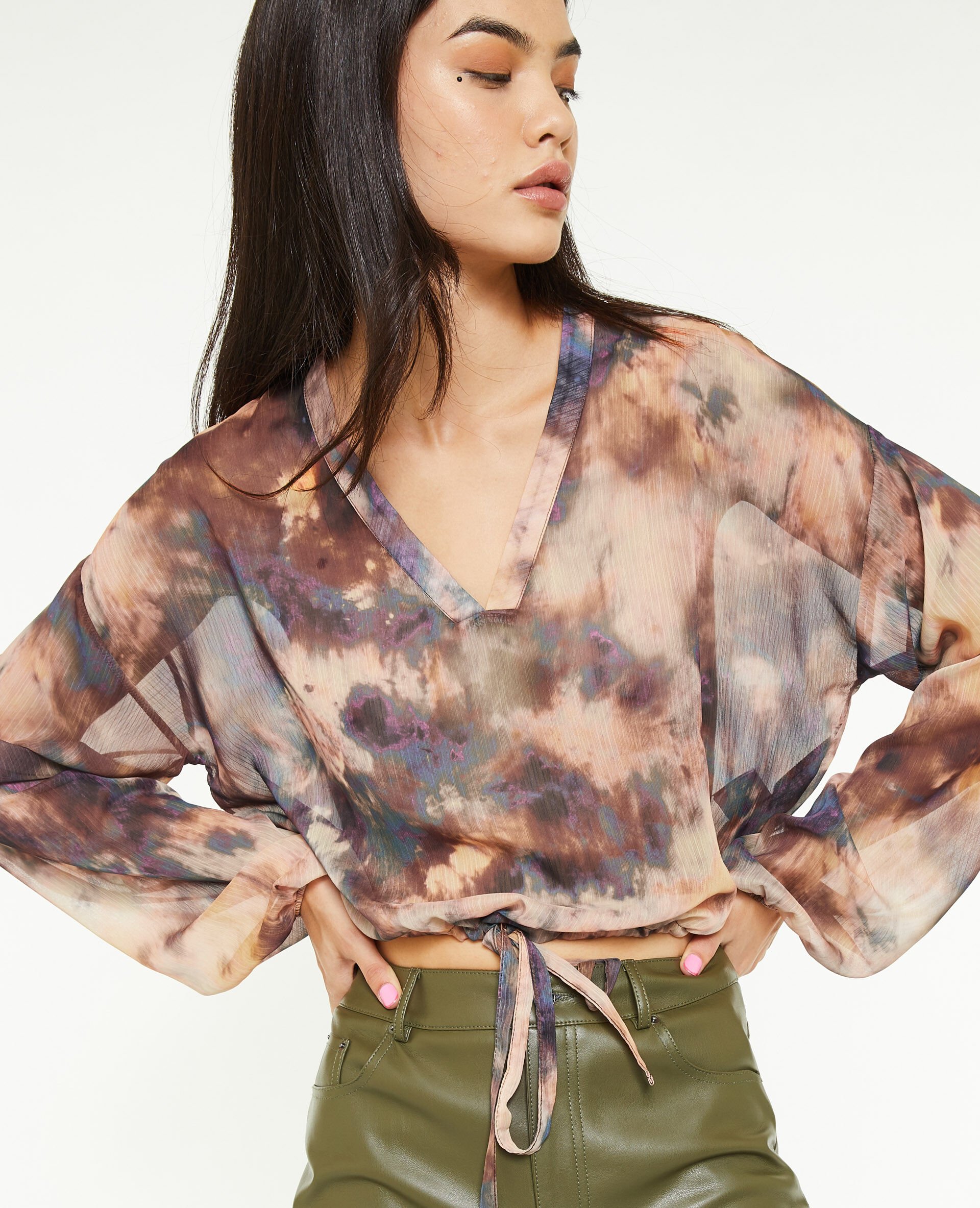 Blouse ample et transparente col V - Orange