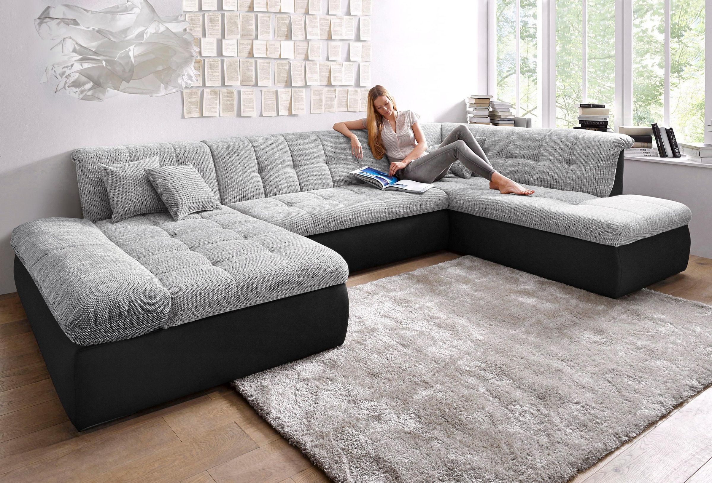 DOMO collection Wohnlandschaft »Moric U-Form, auch in Cord, Breite 353cm, viel Platz« im XXL-Format, wahlweise mit Bettfunktion und Armlehnenverstellung,