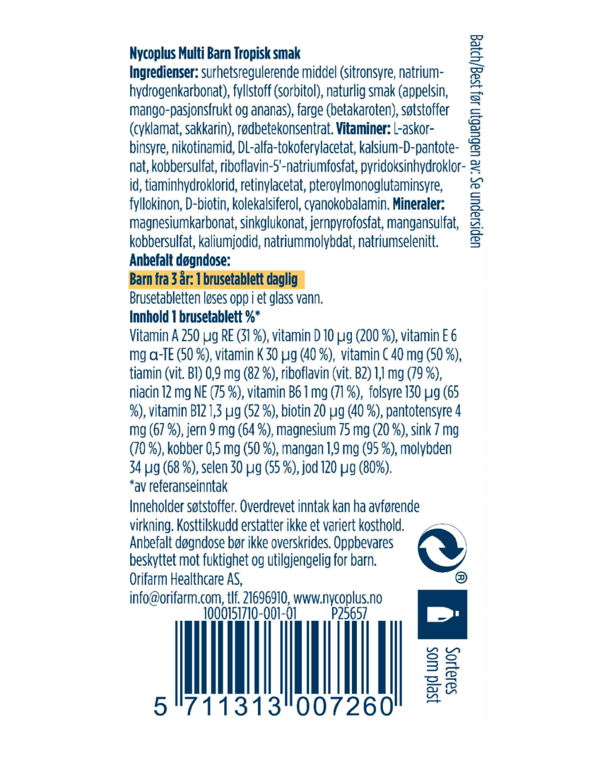 Nycoplus multivitamin barn brusetabletter tropisk smak 20 stk