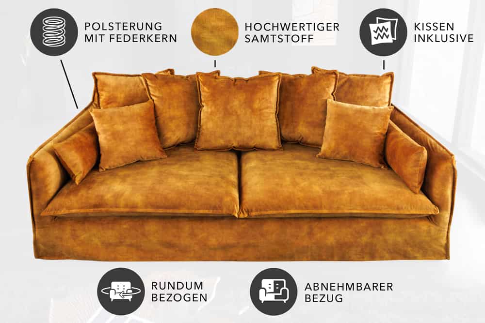 Großes 3-Sitzer Sofa HEAVEN 200cm senfgelb Samt Federkern waschbarer Bezug Hussensofa Couch