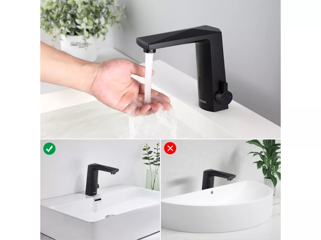 2pcs Mitigeur Lavabo Capteur Infrarouge Intelligent Automatique, Mitigeur Infrarouge Electronique Noir en Laiton à Eau Chaude et Froide