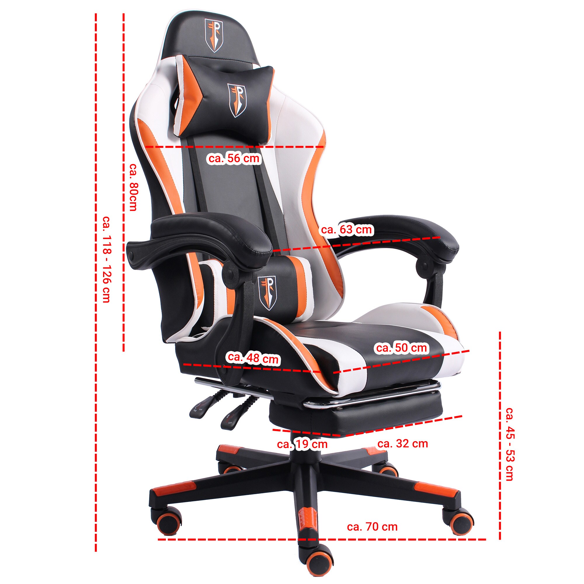 Gaming Chair im Racing-Design mit flexiblen gepolsterten Armlehnen - ergonomischer PC Gaming Stuhl in Lederoptik - Gaming Schreibtischstuhl mit ausziehbarer Fußstütze und extra Stützkissen