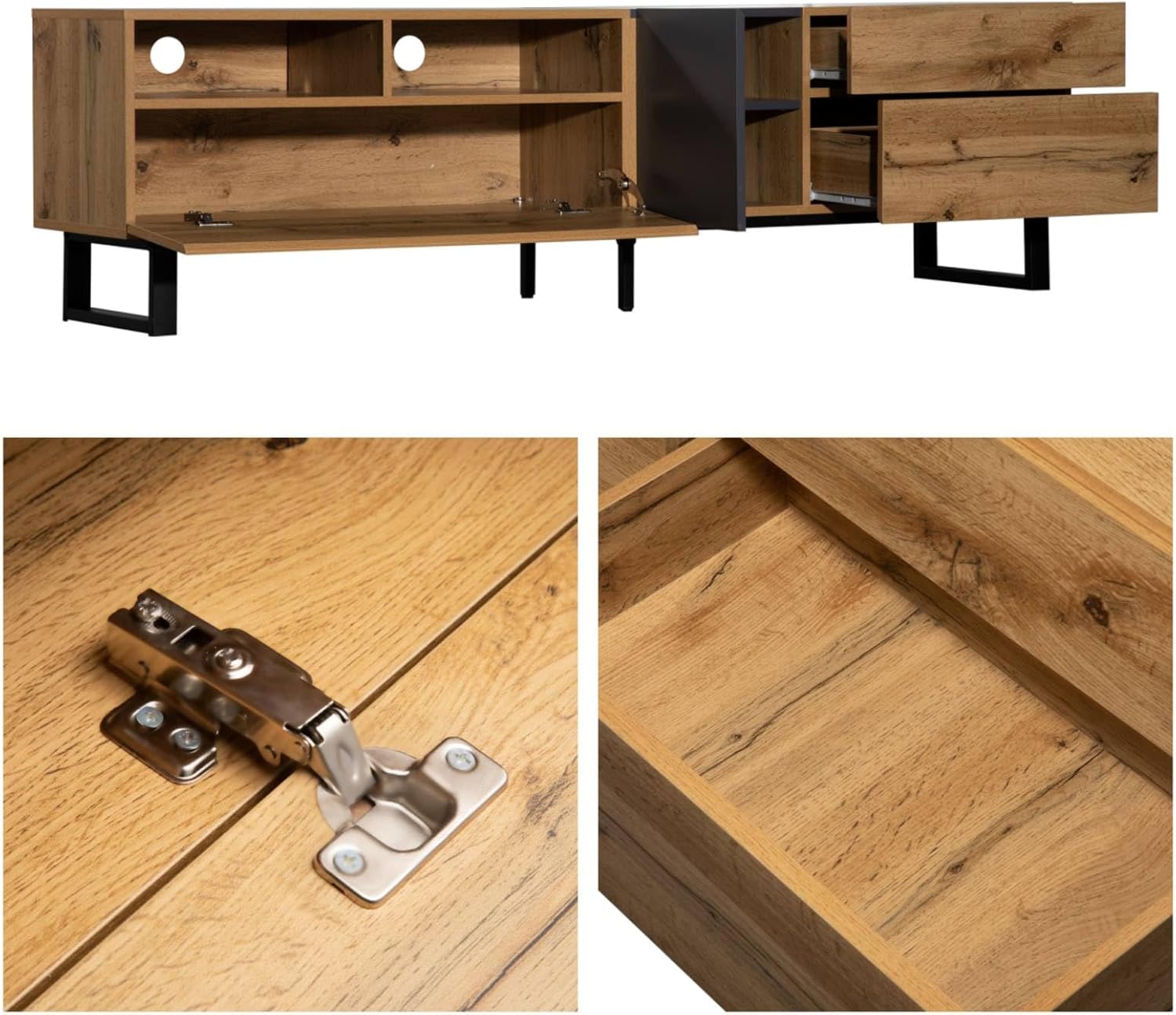 KOMHTOM Modernes schwarzes Holz farbkombination tv Schrank vorratsschrank, Sideboard mit 4 Fächern 1 Boden Tür 2 Schubladen, Mehrzweckschrank für Wohnzimmer Schlafzimmer Flur (C)