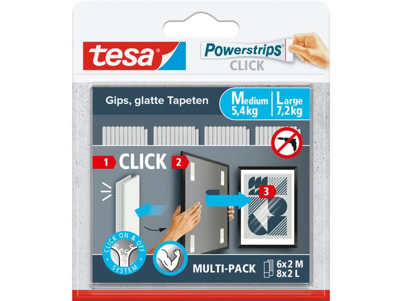 tesa Montagestreifen Powerstrips CLICK 6 Paar M, 8 Paar L Klett-Klebepads zum An- und Abklicken von Bilderrahmen und Wanddekorationen ohne Bohren
