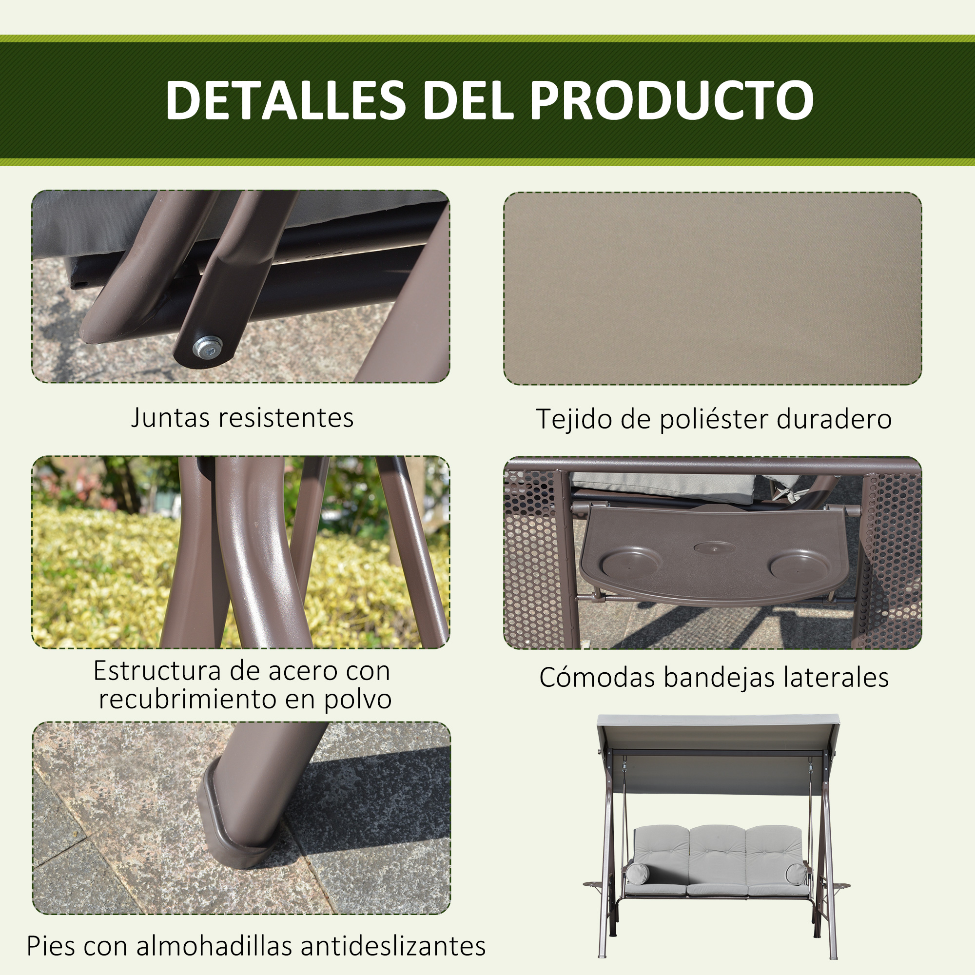 Cadeira de balanço de jardim Outsunny de 3 lugares com cobertura para proteção solar, 2 almofadas, bandeja para bebidas e estrutura de metal para pátio, varanda e uso externo, carga máxima de 360 kg, 116 x 206 x 183 cm, cinza