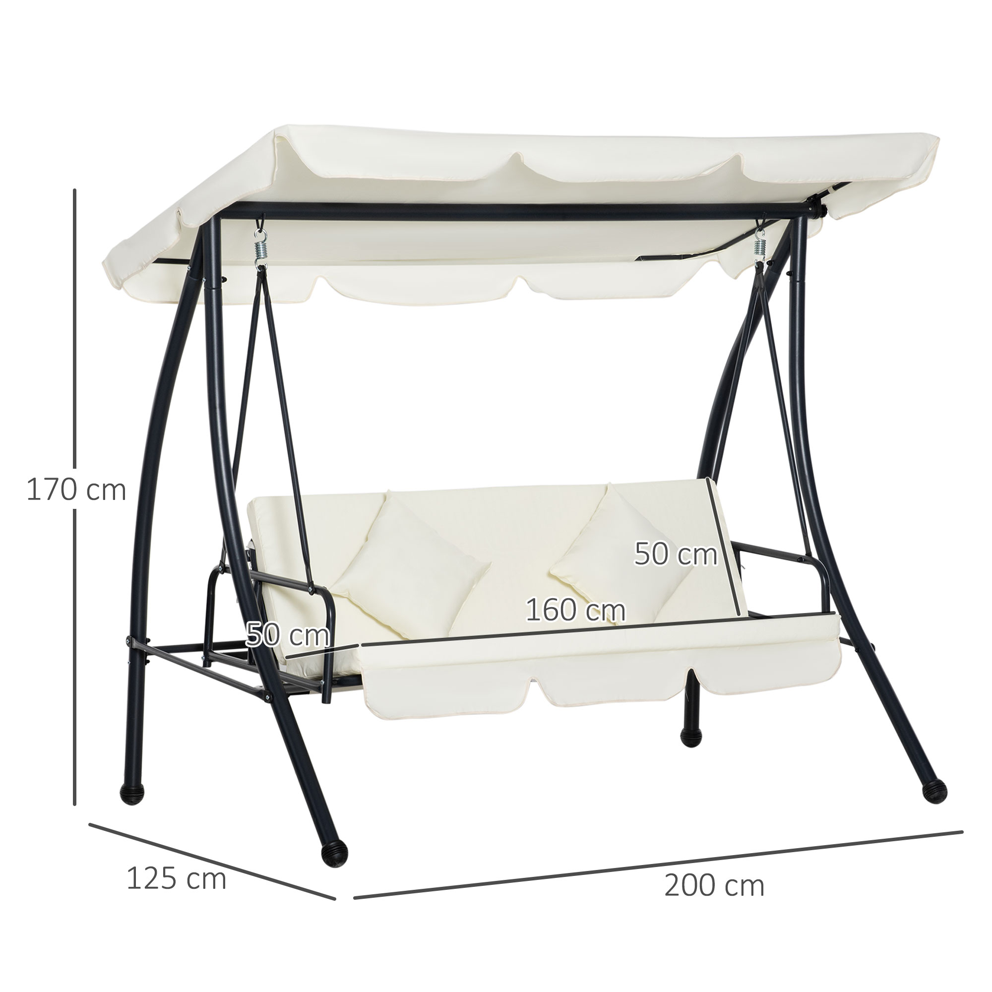 Cadeira de balanço de jardim Outsunny de 3 lugares, conversível em cama, com dossel ajustável, almofada acolchoada e travesseiros para varanda/terraço, capacidade de carga de 340 kg, aço, 200x125x170 cm, creme.