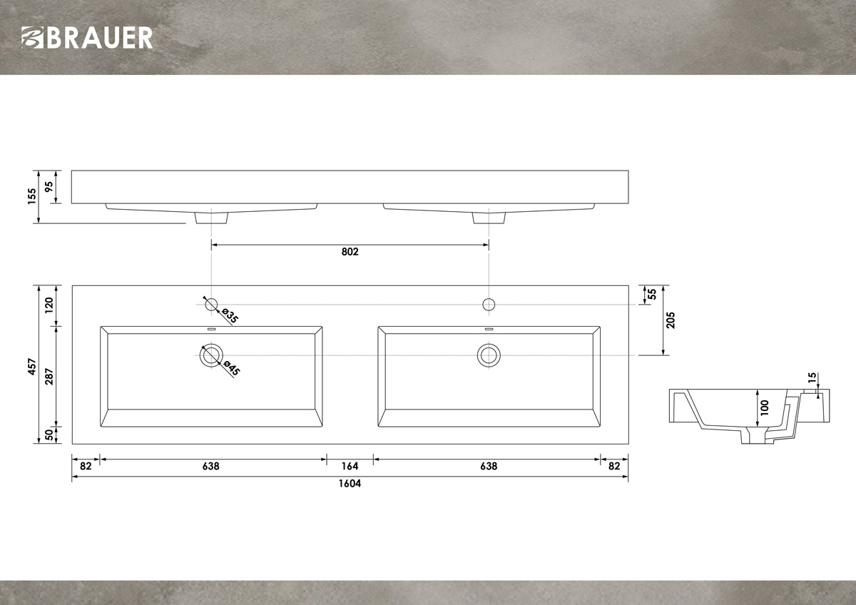 Brauer Solar Thick dubbele wastafel mineraalmarmer 160cm met 2 kraangaten wit glans