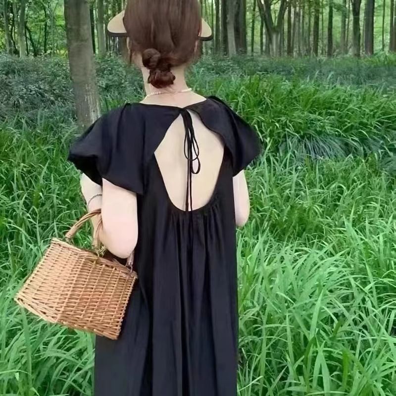 Everose - Midi-tuniekjurk met korte mouwen, ronde hals en gerimpelde uitsnijding op de rug