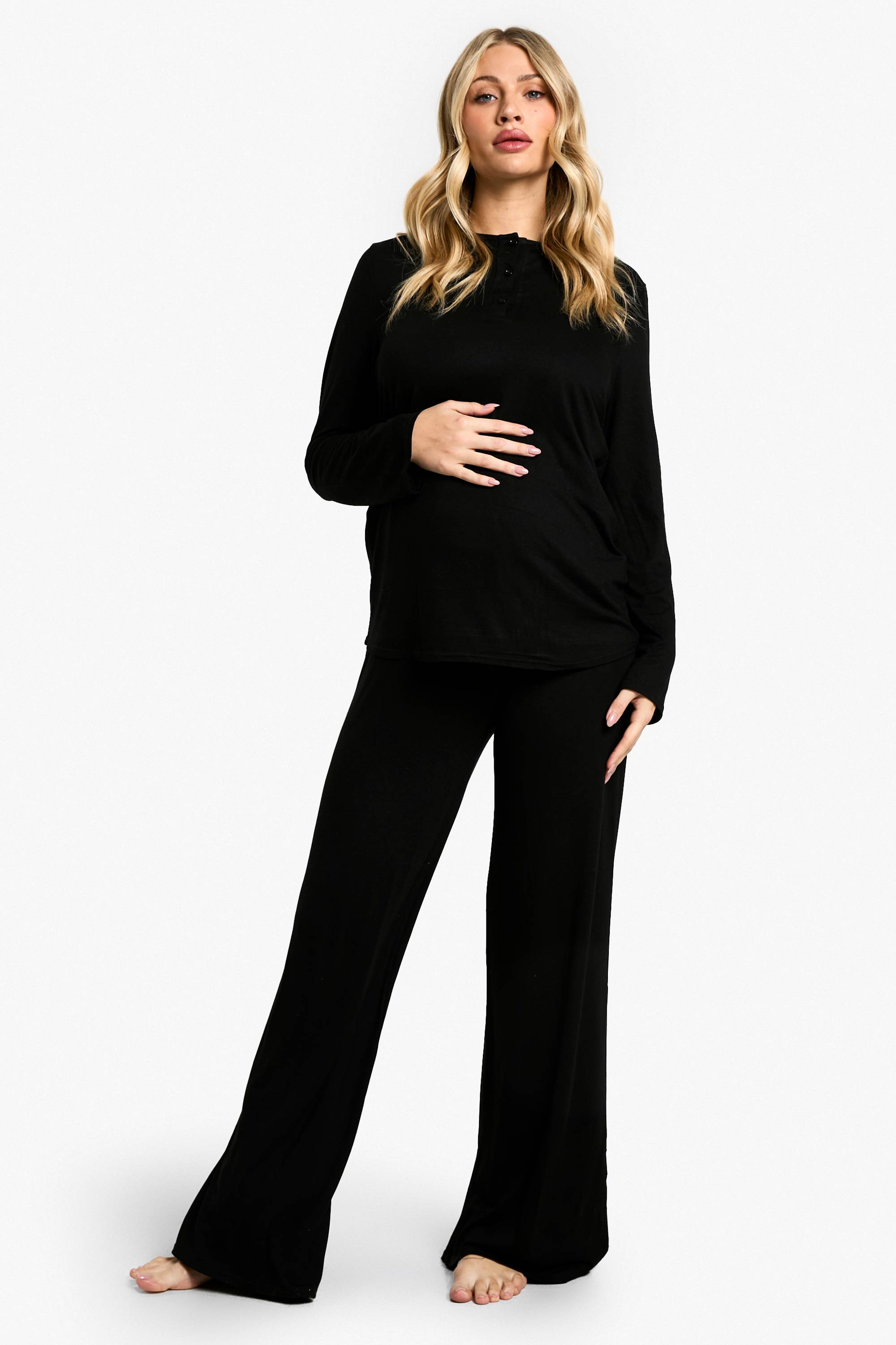 boohoo Maternity Long Sleeve Button Top & Wide Leg Trouser PJ Set