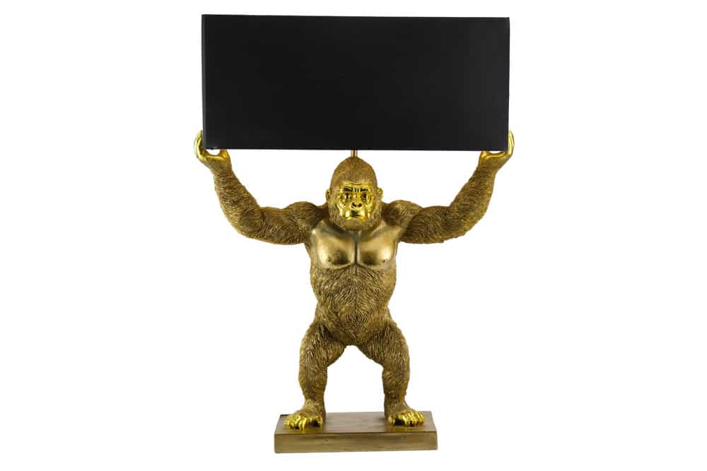 Handgefertigte Tischlampe KING APE 70cm schwarz gold Stoffschirm Affen-Skulptur