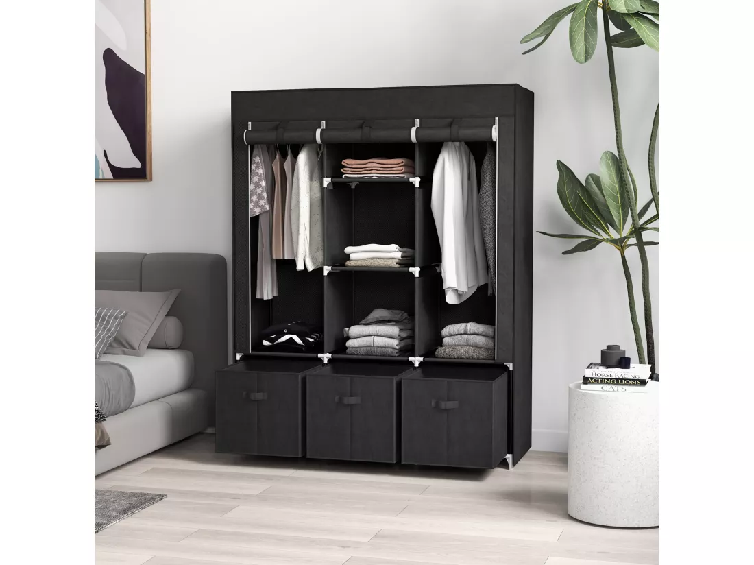 Armoire penderie pliable 5 étagères 2 tringles 3 tiroirs tissu noir
