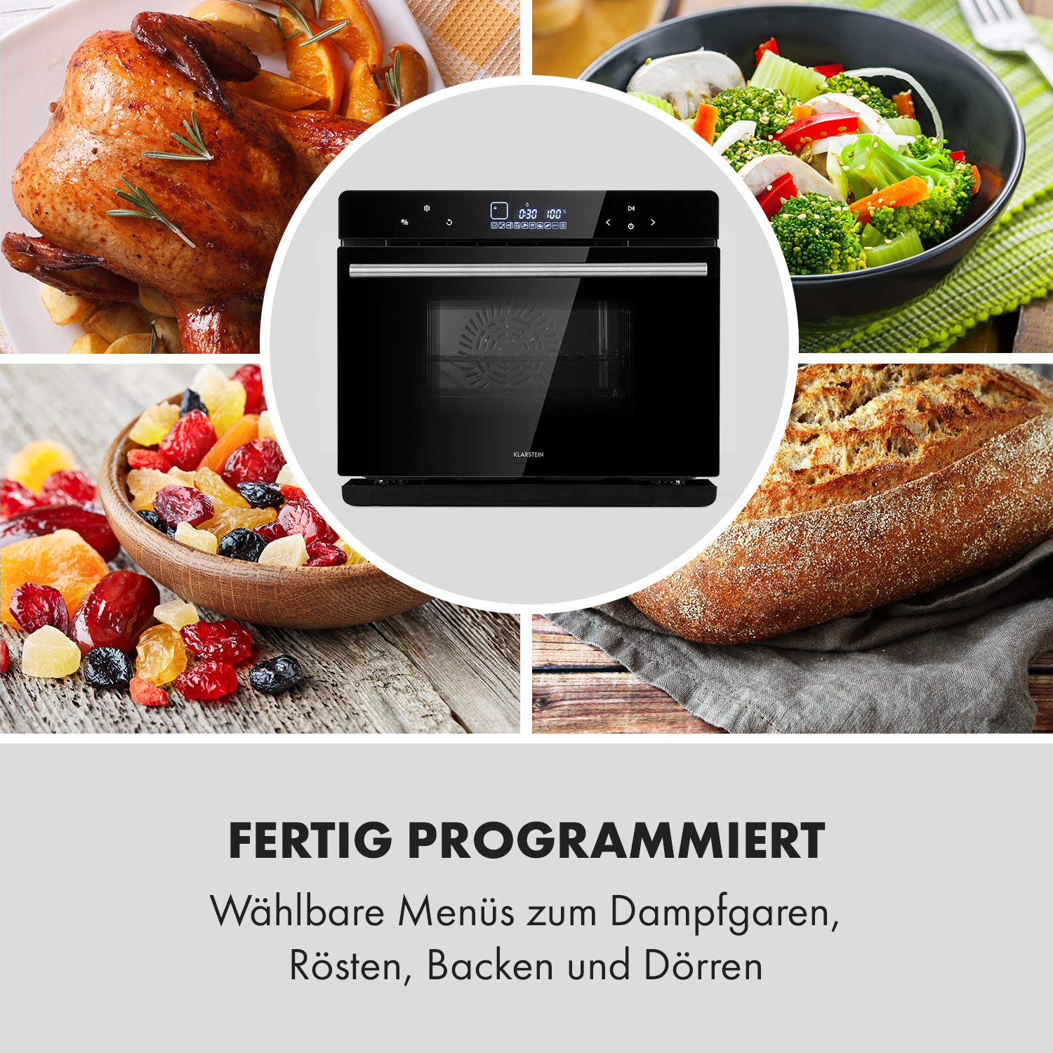 Klarstein MasterFresh Dampfbackofen - Stand-Dampfgarer, 24 Liter, 230 °C, 1,4 Liter Wassertank, Dampfgaren: 1100W, Backofen: 1900W, TouchControl, 12h-Timer, 9 Programme, freistehend, schwarz